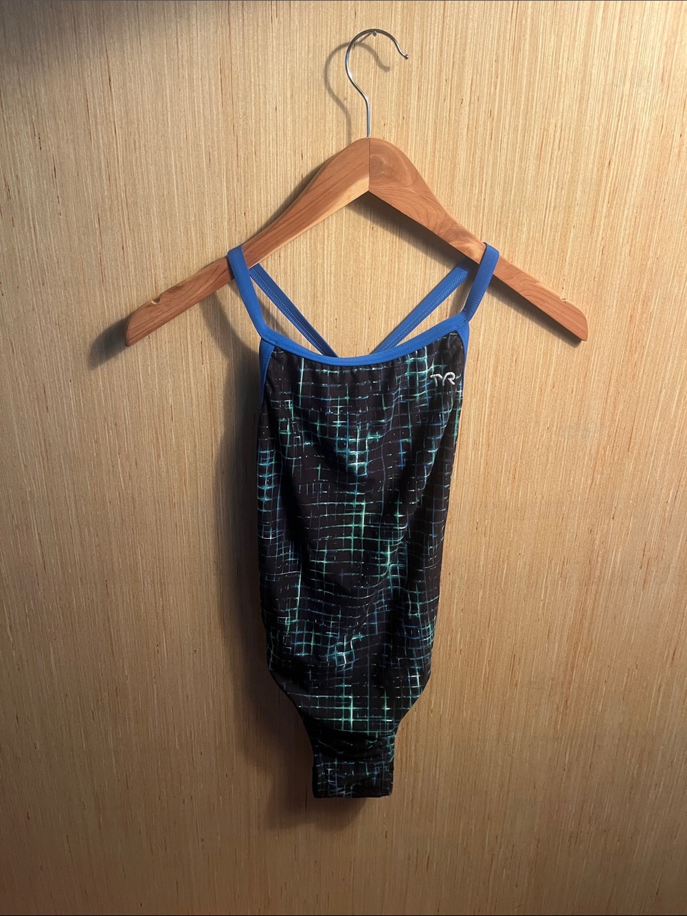 TYR Black Swimsuit with Teal Grid and Blue Straps